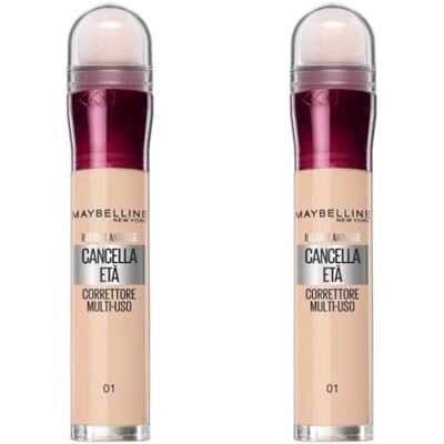 Maybelline New York Correttore Multi-Uso, Idratante e con Coprenza Modulabile, Imperfezioni della pelle e Occhiaie Coperte, Con Bacche di Goji e Haloxyl, Cancella Età, Tonalità: 01 Light, Bipacco Maybelline New York Correttore Multi-Uso, Idratante e con Coprenza Modulabile, Imperfezioni della pelle e Occhiaie Coperte, Con Bacche di Goji e Haloxyl, Cancella Età, Tonalità: 01 Light, Bipacco