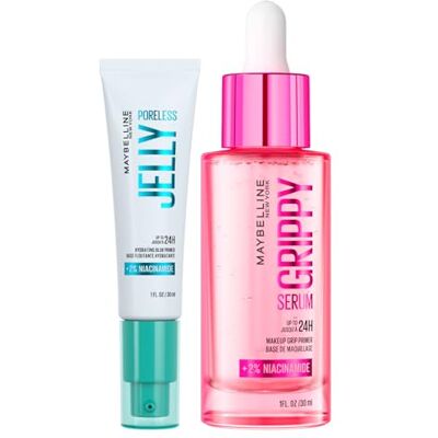 Maybelline New York Primer Base Trucco a Lunga Tenuta 24h Grippy Serum Idratante Rimpolpante 30ml + Poreless Jelly Levigante Minimizza i Pori con Niacinamide 30ml Set da 2 Maybelline New York Primer Base Trucco a Lunga Tenuta 24h Grippy Serum Idratante Rimpolpante 30ml + Poreless Jelly Levigante Minimizza i Pori con Niacinamide 30ml Set da 2