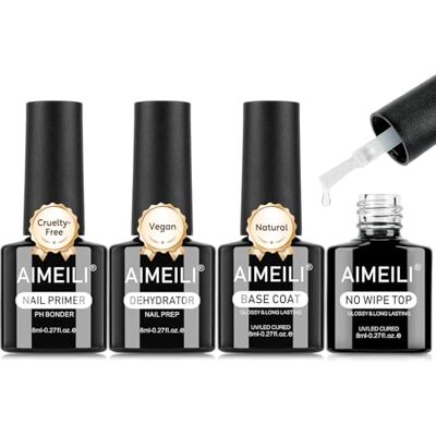 AIMEILI Nail Prep Primer Base e Top, 4 x 8ml Base e Top Coat Semipermanente Dehydrator e Primer Unghie Long Lasting Nail Polish UV Set AIMEILI Nail Prep Primer Base e Top, 4 x 8ml Base e Top Coat Semipermanente Dehydrator e Primer Unghie Long Lasting Nail Polish UV Set