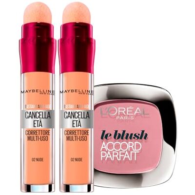 Maybelline 2x New York Il Cancella Età Correttore Liquido Multiuso Colore 02 Nude con Applicatore a Spugnetta + 1x Blush Colore 120 Rose Santal Con Applicatore e Specchietto Maybelline 2x New York Il Cancella Età Correttore Liquido Multiuso Colore 02 Nude con Applicatore a Spugnetta + 1x Blush Colore 120 Rose Santal Con Applicatore e Specchietto