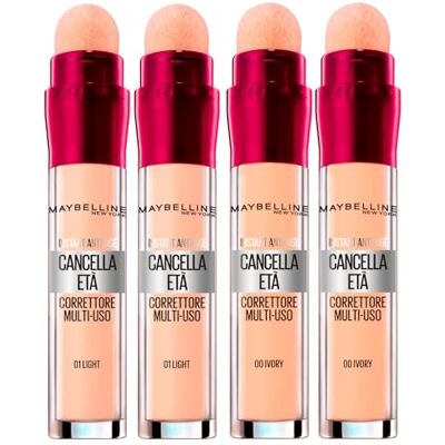 Maybelline 2x New York Il Cancella Età Correttore Liquido Multiuso Colore 00 Ivory con Applicatore a Spugnetta + 2x Il Cancella Età Correttore Liquido Multiuso Colore 01 Light Maybelline 2x New York Il Cancella Età Correttore Liquido Multiuso Colore 00 Ivory con Applicatore a Spugnetta + 2x Il Cancella Età Correttore Liquido Multiuso Colore 01 Light
