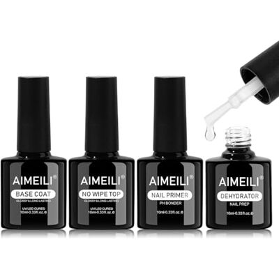 AIMEILI Nail Prep e Primer Base e Top coat Unghie per Gel, Dehydrator e Primer Base e Top Coat Semipermanente Unghie Kit 4 x 10ml AIMEILI Nail Prep e Primer Base e Top coat Unghie per Gel, Dehydrator e Primer Base e Top Coat Semipermanente Unghie Kit 4 x 10ml