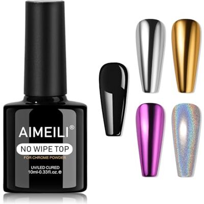 AIMEILI Top Coat No Wipe per Polveri, Chrome Top Coat UV LED Soak Off Gel Unghie Oro Metallico per Polvere Cromata Nail Art 10ml AIMEILI Top Coat No Wipe per Polveri, Chrome Top Coat UV LED Soak Off Gel Unghie Oro Metallico per Polvere Cromata Nail Art 10ml