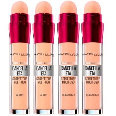 Maybelline 2x New York Il Cancella Età Correttore Liquido Multiuso Colore 115 Warm Light con Applicatore a Spugnetta + 2x Il Cancella Età Correttore Liquido Multiuso Colore 00 Ivory Maybelline 2x New York Il Cancella Età Correttore Liquido Multiuso Colore 115 Warm Light con Applicatore a Spugnetta + 2x Il Cancella Età Correttore Liquido Multiuso Colore 00 Ivory
