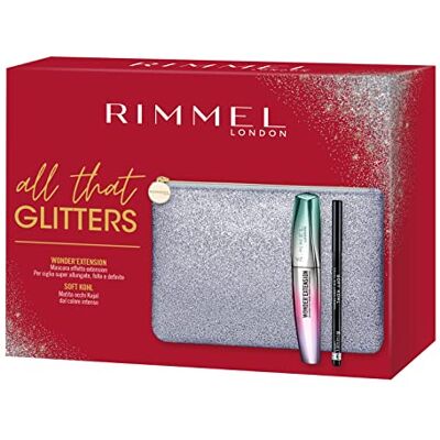 Rimmel London Kit Regalo Donna All That Glitters Collection, Pochette Medium Glitterata in Silver Blue e Puller Dorato Brandizzato con Mascara Wonder Extension e Matita Occhi Soft Kohl Kajal 061 Rimmel London Kit Regalo Donna All That Glitters Collection, Pochette Medium Glitterata in Silver Blue e Puller Dorato Brandizzato con Mascara Wonder Extension e Matita Occhi Soft Kohl Kajal 061
