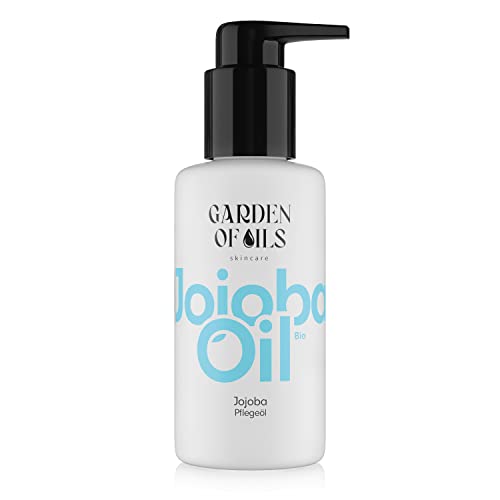 GARDEN OF OILS skincare Olio di jojoba biologico pressato a freddo, 100% puro, olio per la cura del corpo, viso, capelli, unghie, senza esperimenti sugli animali e vegano, flacone di vetro con pompetta (100 ml)