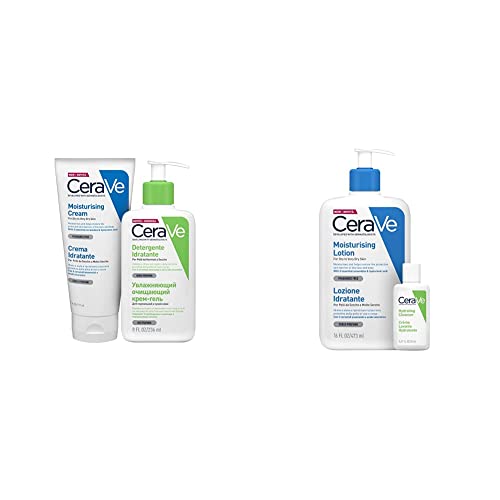 CeraVe Kit Skincare Idratante per Pelle Secca Viso e Corpo   Crema 177ml + Detergente 236ml & Lozione 473ml + Travel Size Detergente 20ml