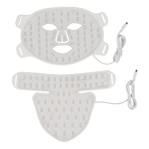 ZJchao Maschera Led Viso, 4 Colori Led Maschera, 3 Ingranaggi Macchina di Ringiovanimento del Viso del Fotone della Pelle del Silicone con la Copertura del Collo, per la Cura, Bianco