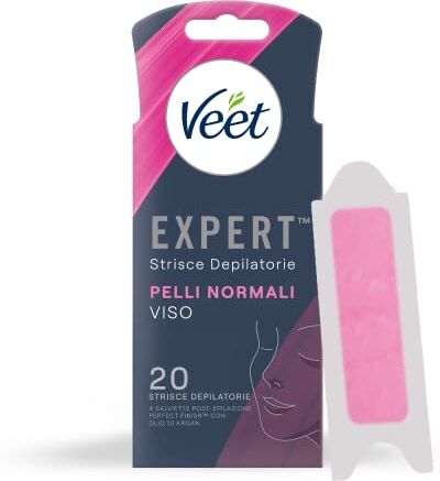 VEET Expert Strice Depilatorie Ceretta Viso per Pelli Normali con Burro di Karitè, 20 Strisce (10x2 Strisce) + 4 Salviette Post-Epilazione con Olio D'Argan