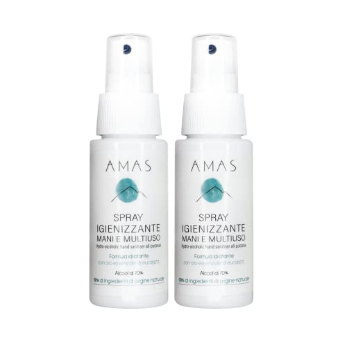 AMAS Spray Igienizzante - 100% Fatto a Mano in Italia 98% Origine Naturale- Alcool 70% Idratante, Emolliente, Dermoprotettivo Con Olio Essenziale di Eucalipto 2x50ml