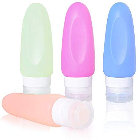 Omenluck Set di 4 flaconi da viaggio in silicone per shampoo, cosmetici, lozioni, a prova di perdite, ricaricabili, comprimibili