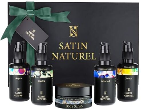 SatinNaturel Festa della Mamma Idee Regalo Scrub per Il corpo + Olio di Argan + Olio di Ricino + Olio di Mandorle + Olio di Jojoba 5x30ml, Regalo Donna Compleanno Regalo Mamma Satin Naturel