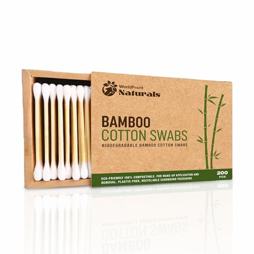 Worldfront Naturals Tamponi di cotone di bambù biodegradabili 200 pezzi, in cotone naturale ecologico Premium e biologico multiuso, rimozione del trucco, rimozione del cerume, arte e artigianato