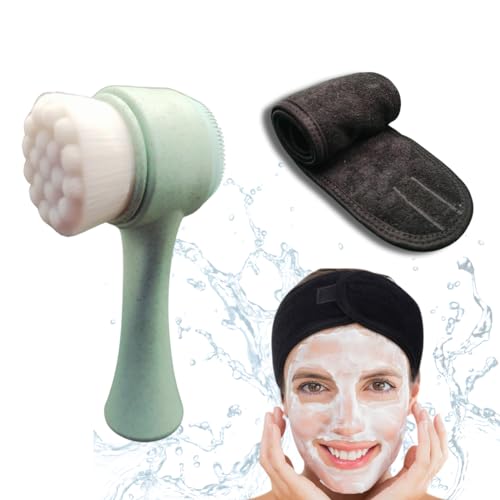 Genérico 2 PZS Pack Spazzola per la pulizia del viso doppio uso e fascia per capelli, detergente manuale delicato ed esfoliante unisex per la cura della pelle skin-care