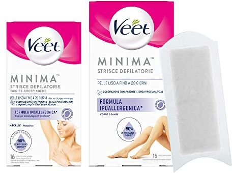 VEET Minima Strisce Depilatorie Anallergiche, Strisce per Ascelle e Strisce per Corpo e Gambe, 2 confezioni da 16 Strisce Ciascuna