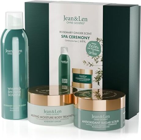 Jean & Len Spa Ceremony Giftbox Rosemary & Ginger, confezione regalo di alta qualità con 3 prodotti di alta qualità, prodotti per corpo e spirito, confezione certificata FSC, set regalo vegano