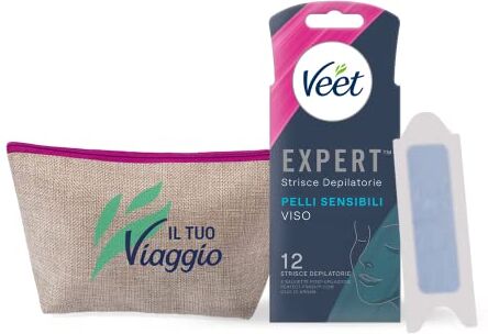 VEET Strisce Depilatorie Viso Expert 20 Pelli Sensibili + Pochette da viaggio