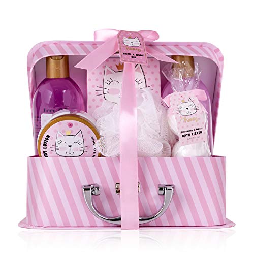 accentra Set da bagno e doccia Princess Kitty per donne e ragazze, con dolce profumo di fragola e vaniglia, confezione regalo confezionata in una scatola di carta, 7 pezzi