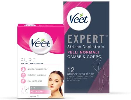 VEET Kit Depilazione Viso + Strisce Expert Corpo e Gambe Pelli Normali, Confezione da 12 Strisce