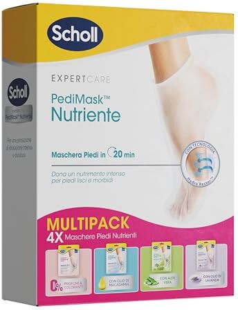 Scholl Pedimask Nutriente, Maschera Piedi ad Azione Idratante e Rigenerante, 4 Paia Di Calzini Idratanti per Piedi Lisci e Morbidi, 4 Varianti, Tempo di Posa 20 Minuti