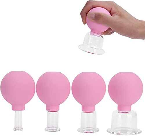 CAOJIN Set di Coppettazione Facciale in Vetro, 4 Pezzi Aspirazione Sottovuoto in Silicone Set di Coppette Per Il Viso Massaggio, Coppette Massaggio in Vetro con Pompetta