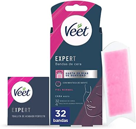 VEET Expert Fasce di cera fredda per depilazione facciale, adatte per labbro superiore (Bigote), con burro di karite, 32 strisce