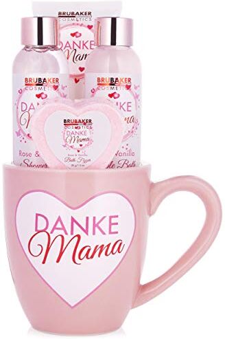 Brubaker Cosmetics Grazie Mamma Set da Bagno e Doccia Profumo Vaniglia Rosa Confezione Regalo 5 Pezzi in Tazza con Decorazione a Cuore