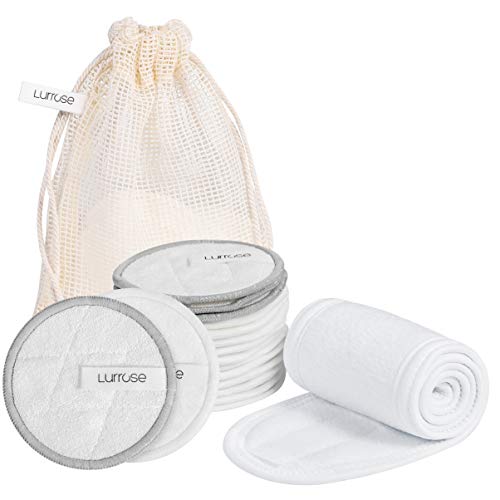 Lurrose -Assorbenti riutilizzabili per rimuovere il trucco, confezione da 16 pezzi, in cotone biologico, in morbida fibra di bambù, lavabili per tutti i tipi di pelle, con borsa per il bucato e fascia per il viso, diametro 8 cm