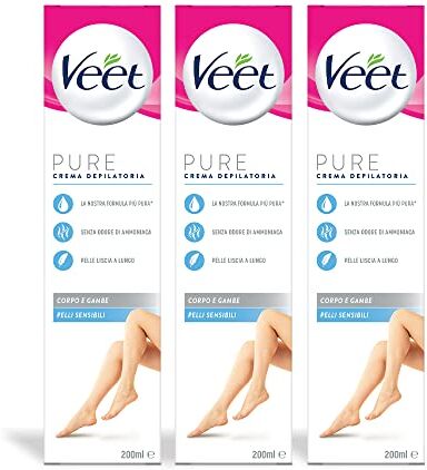 VEET Crema Depilatoria Pelli Sensibili 200ml x3, per Gambe, Braccia, Ascelle e Zona Bikini, 600 ml, Maxi formato