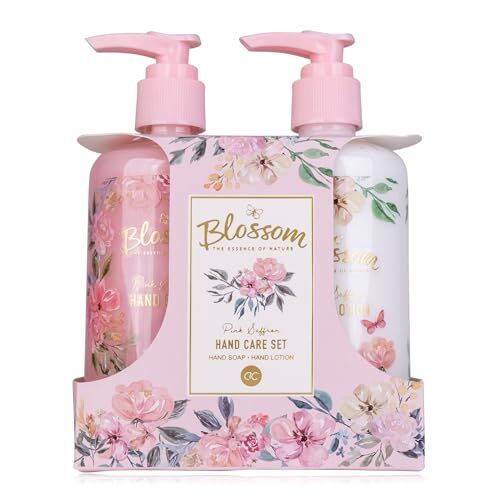 accentra Set per la cura delle mani BLOSSOM in confezione regalo decorativa, sapone per le mani da 290 ml e lozione per le mani da 290 ml arricchito con il profumo rosa saffron, ricaricabile