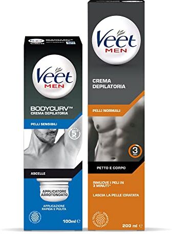 VEET For Men kit,  For Men Crema Depilatoria Ascelle, Pelli Sensibili, con applicatore arrotondato, 100 ml e  For Men Crema Depilatoria per Uomo Pelli Normali, 200ml