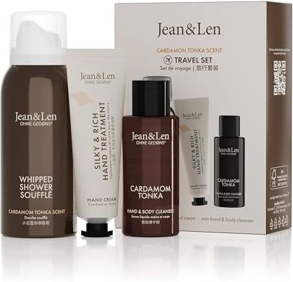 Jean & Len Set da viaggio Cardamom & Tonka, ideale piccolo regalo o pensierino, prodotti per corpo e mente, la confezione è certificata FSC, piccole dimensioni da viaggio, set regalo vegano