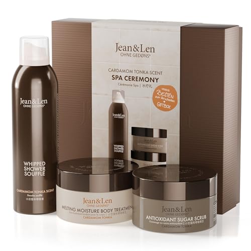 Jean & Len Spa Ceremony Giftbox Cardamom & Tonka, confezione regalo di alta qualità con 3 prodotti di alta qualità, prodotti per corpo e mente, imballaggio certificato FSC, set regalo vegano
