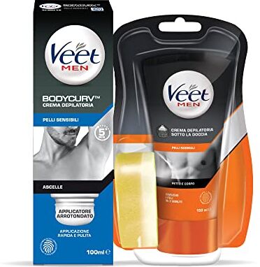 VEET For Men kit, Crema Depilatoria Ascelle, Pelli Sensibili, con applicatore arrotondato, 100 ml e Crema depilatoria per uomo sotto la doccia Pelli Normali petto e corpo, 150ml