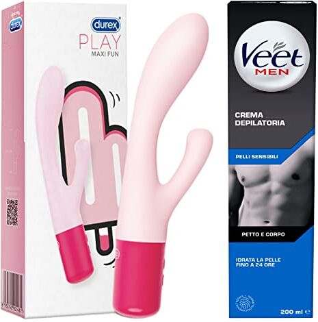 Durex Play Maxi Fun Vibratore Ricaricabile in Silicone Morbido Stimolatore Femminile Waterproof Dual Doppia Estremità + Crema Depilatoria Uomo Petto e Corpo Formula Idratante 24h Pelli Sensibili 200ml