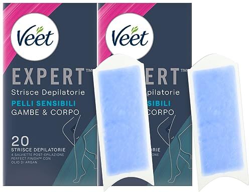 VEET Expert Strisce Depilatorie Gambe & Corpo Pelli Sensibili Formula con Olio di Mandorla Linguetta EasyGrip e Salviette Post-Epilazione Perfect Finish con Olio d'Argan 2 Confezioni da 20 Strisce