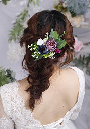 Kercisbeauty Fermaglio per capelli a forma di foglia di rosa viola blu fatto a mano, da donna, da sposa, floreale, per feste in giardino, ballo di fine anno (amore vintage)