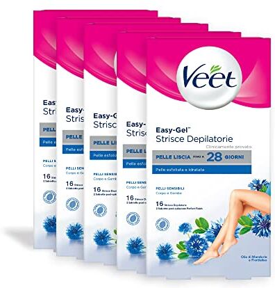 VEET Strisce Depilatorie Pelli Sensibili per Gambe, Braccia, Ascelle e Zona Bikini, 5 Confezioni da 16 Strisce, Maxi formato