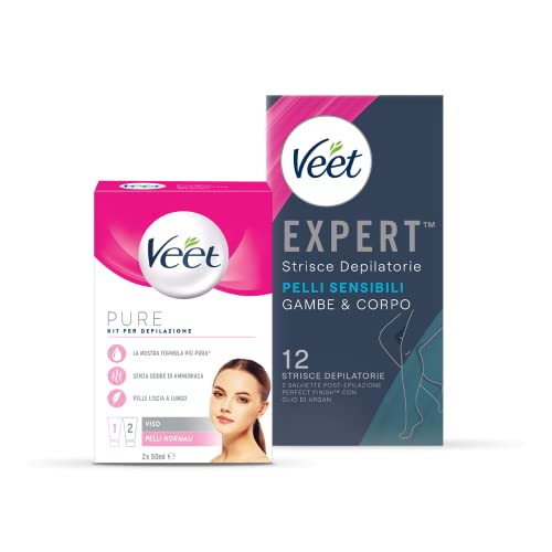 VEET Kit Depilazione Viso + Strisce Expert Corpo e Gambe Pelli Senisibili, Confezione da 12 Strisce