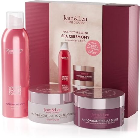 Jean & Len Spa Ceremony Giftbox Peony & Lychee, confezione regalo di alta qualità con 3 prodotti di alta qualità, prodotti per corpo e mente, imballaggio certificato FSC, set regalo vegano