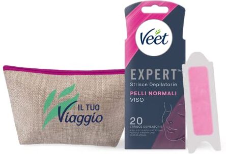 VEET Strisce Depilatorie Viso Expert 20 Pelli Normali + Pochette da viaggio