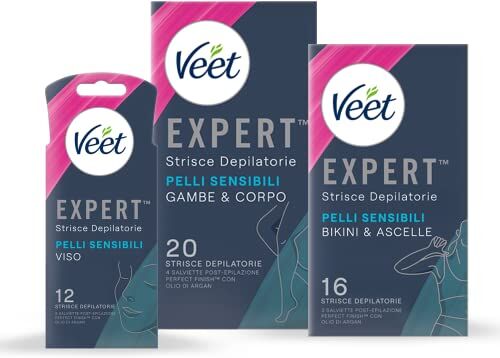 VEET Kit Strisce Depilatorie Pelli Sensibili Viso Expert 20 + Ascelle e zona Bikini 16 + Corpo e Gambe 20