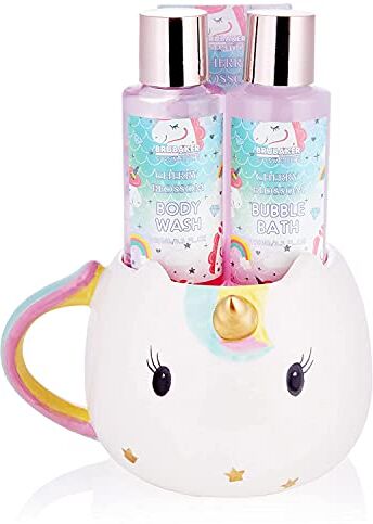 Brubaker Cosmetics 4-Pz. Unicorno Set da Bagno e Doccia Cherry Blossom Confezione Regalo con Fragranza Fiore di Ciliegio in una Tazza Unicorno