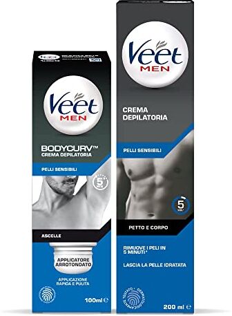 VEET For Men kit,  For Men Crema Depilatoria Ascelle, Pelli Sensibili, con applicatore arrotondato, 100 ml e  For Men Crema Depilatoria per Uomo Pelli Sensibili, 200ml