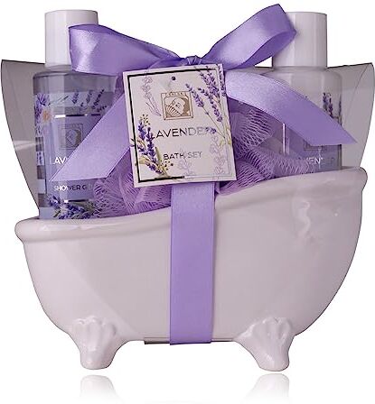 accentra – Set doccia da donna LaVENDEL in bella vasca da bagno in ceramica – Set di 3 pezzi con gel doccia, lozione per il corpo e spugna a rete – Set regalo per compleanno, San Valentino