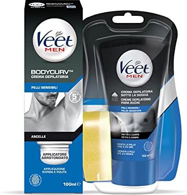 VEET For Men kit,Crema Depilatoria Ascelle, Pelli Sensibili, con applicatore arrotondato, 100 ml e Crema depilatoria per uomo sotto la doccia Pelli Sensibili petto e corpo, 150ml