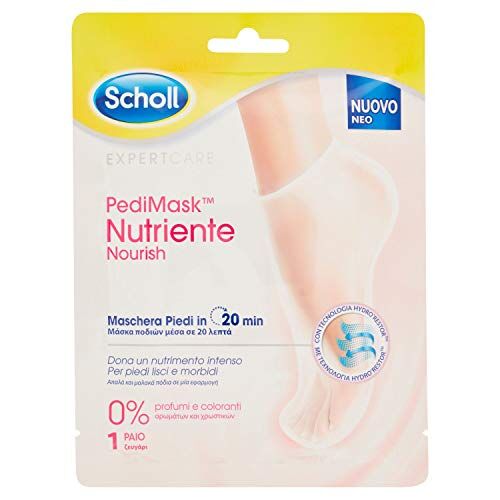 Scholl Pedimask Maschera Piedi Nutriente con Olio di Macadamia, 0% Profumi e Coloranti, 1 Paio di Calzini Idratanti, Tempo di azione: 20 minuti