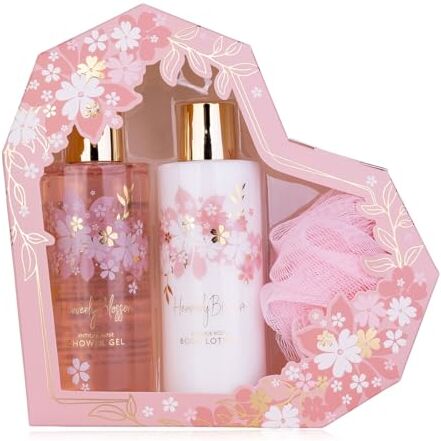 accentra Set doccia da donna HEAVENLY BLOSSOM in bella confezione regalo – Set di 3 pezzi con gel doccia, lozione per il corpo e spugna a rete – Set regalo per San Valentino e festa della mamma