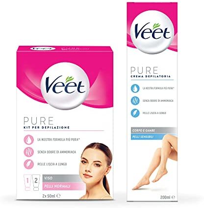 VEET Crema Depilatoria Corpo e Gambe Pelli Sensibili, 200ml +  Depilazione Viso, Crema Depilatoria e Crema Post Epilazione, 2x 50 ml