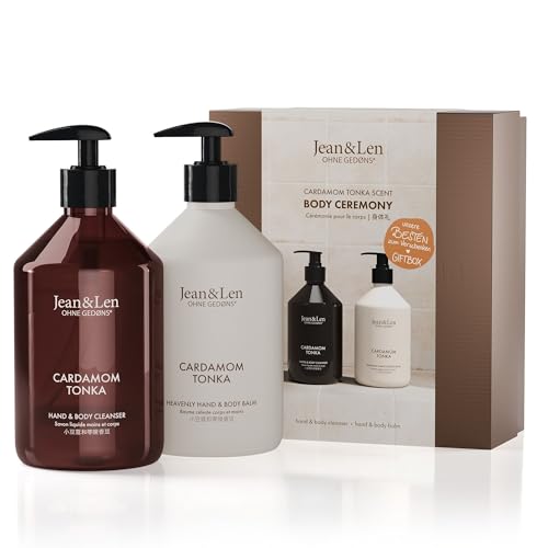 Jean & Len Body Ceremony Cardamom & Tonka, con mano & Body Cleanser e balsamo per mano e corpo, confezione regalo di alta qualità, profumo delicato e speziato, confezione certificata FSC, set regalo